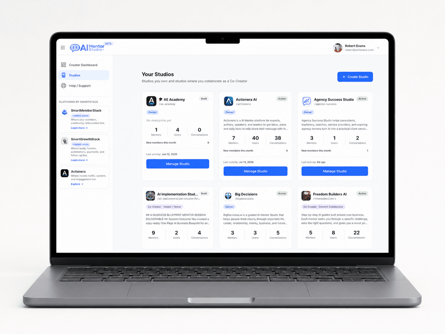 AI Mentor Studio dashboard on a laptop