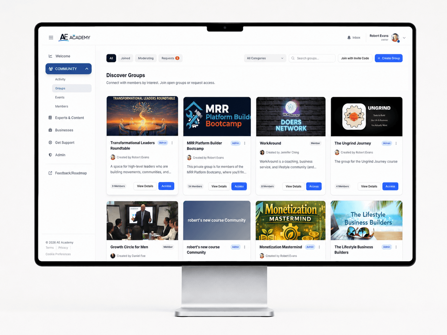 Desktop mockup of The Community Site / AE Academy platform